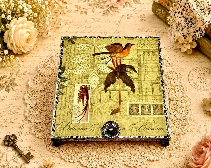Botanica Cigar Box with Bird & Floral Art – Decorative Keepsake Box, Upcycled Storage, Nature Gift - Free Shipping