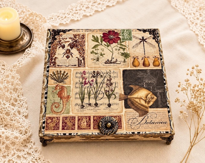 Coastal Botanical Keepsake, Seahorse Fish Jewelry Memory Box, Handmade Decorated Cigar Box