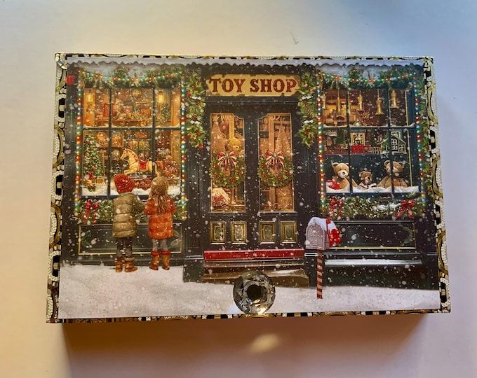 Toy Shop Christmas Decorated Cigar Box – 12x8x1.25” Wide Shallow Queen B Box, Glitter Snow Accents, Vintage Toy Scene, Optional Claw Feet