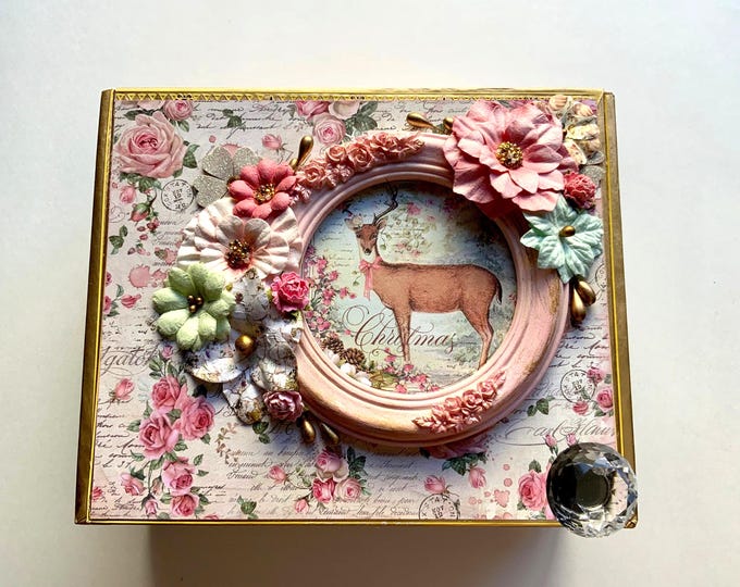 Pink Christmas Decorated Cigar Box — Christmas Keepsake  — Handmade for Holidays