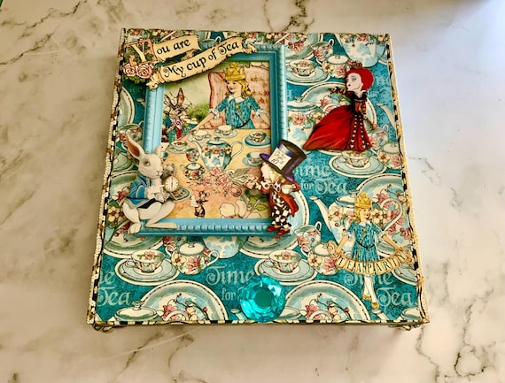 Lg Alice in Wonderland Decorated Cigar Box – Handmade Tea Party Jewelry Box – Upcycled Whimsical Keepsake Gift, Alice Tea Party Altered Box