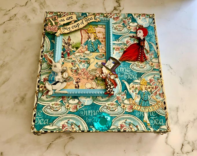 Lg Alice in Wonderland Decorated Cigar Box – Handmade Tea Party Jewelry Box – Upcycled Whimsical Keepsake Gift, Alice Tea Party Altered Box