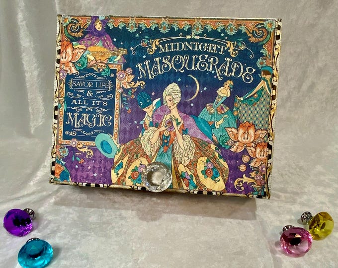 Midnight Masquerade Decorated Cigar Box – Altered Keepsake Box with Feathers & Carnival Style – Handmade Jewelry or Trinket Box