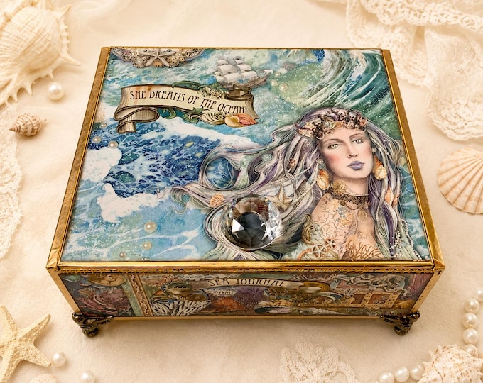 Mermaid Ocean Decorated Cigar Box – Nautical Keepsake Storage Box - Free Shipping