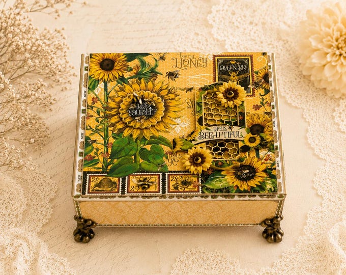 Let It Bee Decorated Cigar Box | Handmade Sunflower & Bee Keepsake Box | Upcycled Gift Box | Bee Theme Cottagecore Storage, Free Shipping