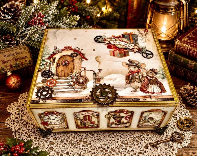 Steampunk Christmas Decorated Cigar Box – Santa, Advent Calendar, & Gears  – Christmas Decor - Free Shipping
