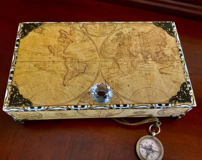 Masculine Map Decorated Cigar Box, Vintage Travel Keepsake Box, Gift for Him, Leather Lined Memory Box, Free Shipping in US