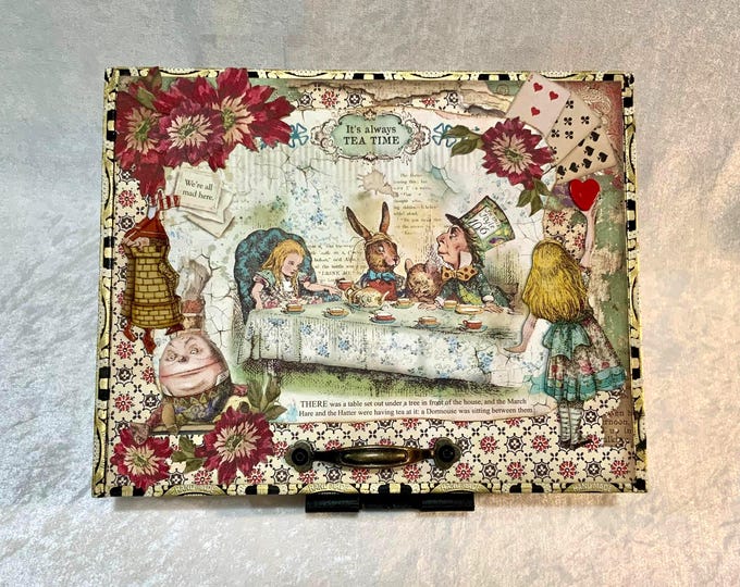 Lg Alice in Wonderland Tea Party Keepsake Box, Lg Handcrafted Memory Jewelry Storage (10x8x2)