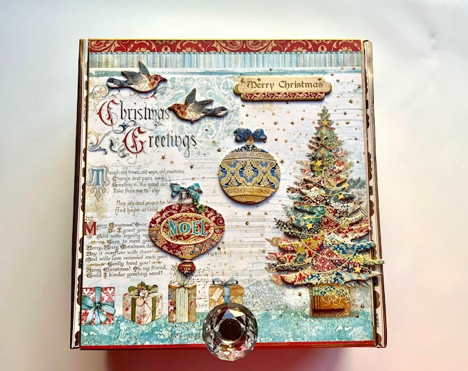 Handmade Christmas Keepsake Box – Decorated Vintage Cigar Box with Tree, Angel & Ornaments