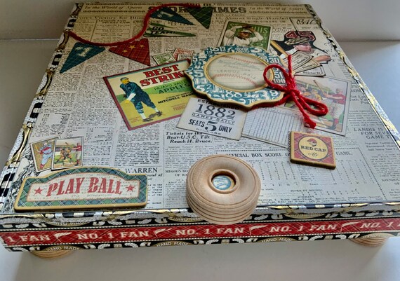 Vintage Baseball Themed Decorated Cigar Box, Dresser Box, Birthday for Kid, Repurposed Cigar Box, Soccer, Tennis, Football, Golf, Vintage