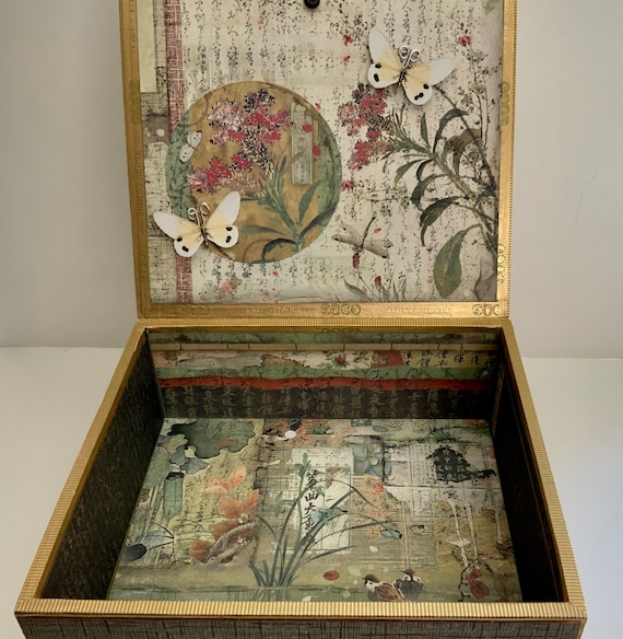 Oriental Decorated Cigar Box, Asian Theme Decorative Display, Oriental Jewelry Box, Repurposed Cigar Box, Embellished Box, Decorated Box