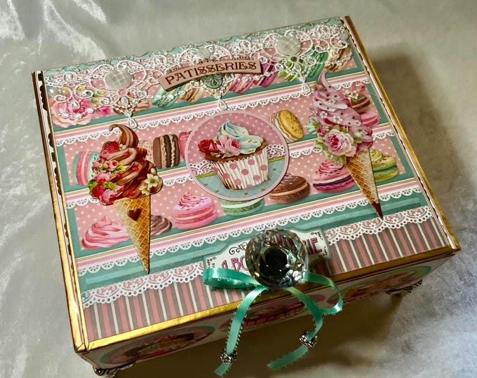 Upcycled Patisserie Cigar Box, French Bakery Decor, Life is Sweet Gift Box, Macaron Cupcake Jewelry Storage, Shabby Chic Box