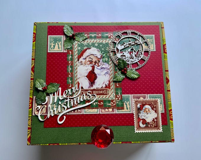 Santa Christmas Decorated Cigar Box – “Merry Christmas” Holiday Keepsake, Holly Accents, Vintage Decor - Free Shipping