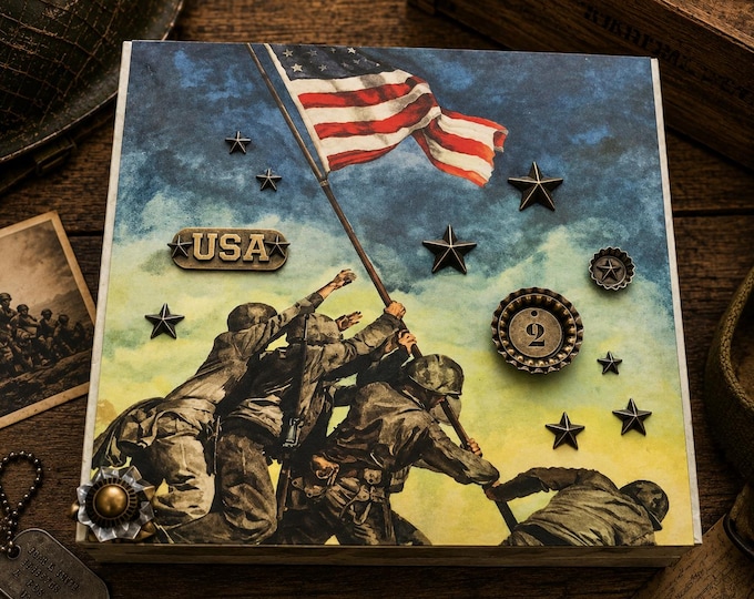 Patriotic Military Decorated Cigar Box, Iwo Jima WWII Keepsake - Free Shipping