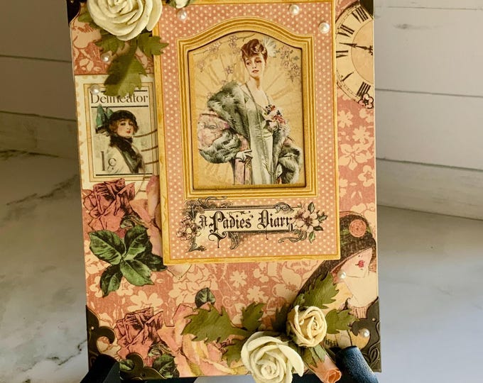 Vintage Ladies Diary Wood Mounted Art, Romantic Shelf Decor on Easel - Free Shipping