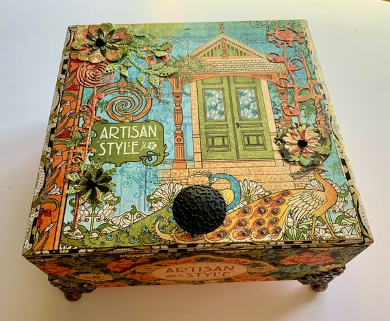Artisan Style Decorated Cigar Box – Peacock Theme, Graphic 45 Collage, Architectural Vintage Storage, Upcycled Keepsake Gift Box