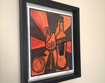 Aperol Spritz Lino Print – Italian Cocktail Art, Kitchen Decor