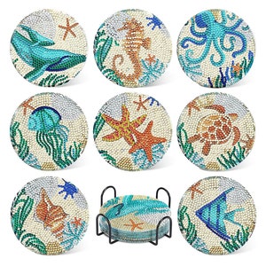8pcs DIY Diamond Painting Teacup Mat Cup Pad In Sea Theme With Full Drill Diamond Painting Kit with Iron Stand for Home Office Gift