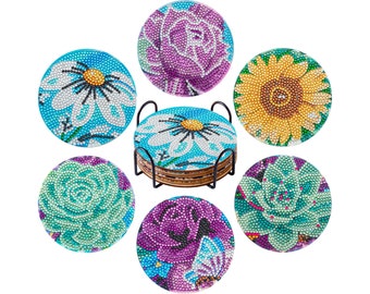 6 Pcs 5D Gem Flower Diamond Painting DIY Coasters Teacup Mat Art Craft Kit with Tools Iron Holder