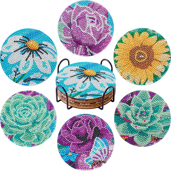 6 Pcs 5D Gem Flower Diamond Painting DIY Coasters Teacup Mat Art Craft Kit with Tools Iron Holder