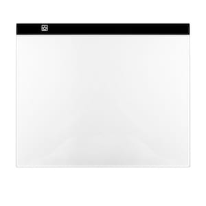 May include: A white light pad with a black border and a power button on the top left corner. The light pad is designed for tracing and drawing.