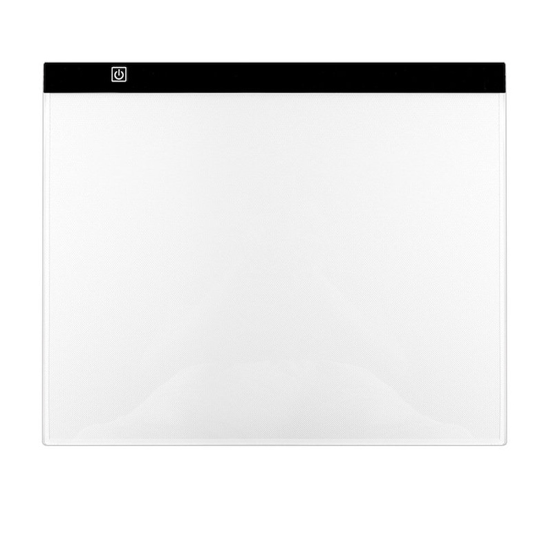 May include: A white light pad with a black border and a power button on the top left corner. The light pad is designed for tracing and drawing.