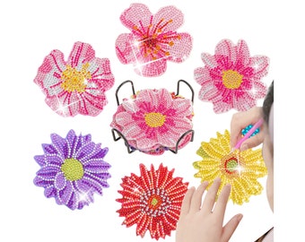 Flower Shape 6 Pcs Diamond Painting DIY Coasters, 5D Gem Painting Teacup Mat Artcraft Kit with Tools and Iron Holder for Gift Decoration