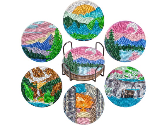 Scenary Pattern Diamond Painting Coasters, 6pcs DIY 5D Gem Painting Teacup  Mat Artcraft Kit With Tools and Iron Holder for Gift Decoration 
