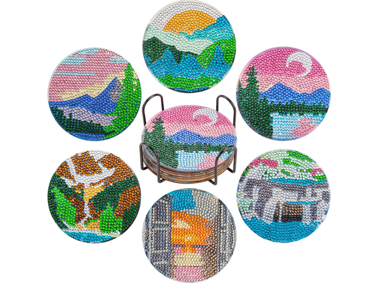 Scenary Pattern Diamond Painting Coasters, 6pcs DIY 5D Gem