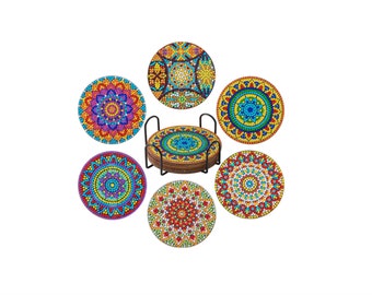 6 Pcs Mandala Pattern Diamond Painting DIY Coasters with holder