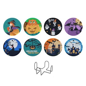8 Pcs Diamond Painting Coasters Halloween Pattern DIY 5D Gem Painting Teacup Mat Art Kits with Holder for Drinks