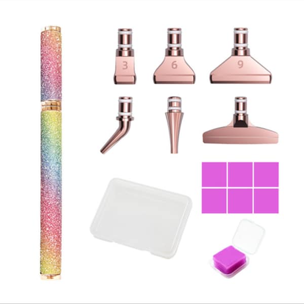 Multifunctional Rainbow Diamond Painting Pen Tools Set with Six Different Metal Pen Tips 6 Glues for DIY Mosaic Painting