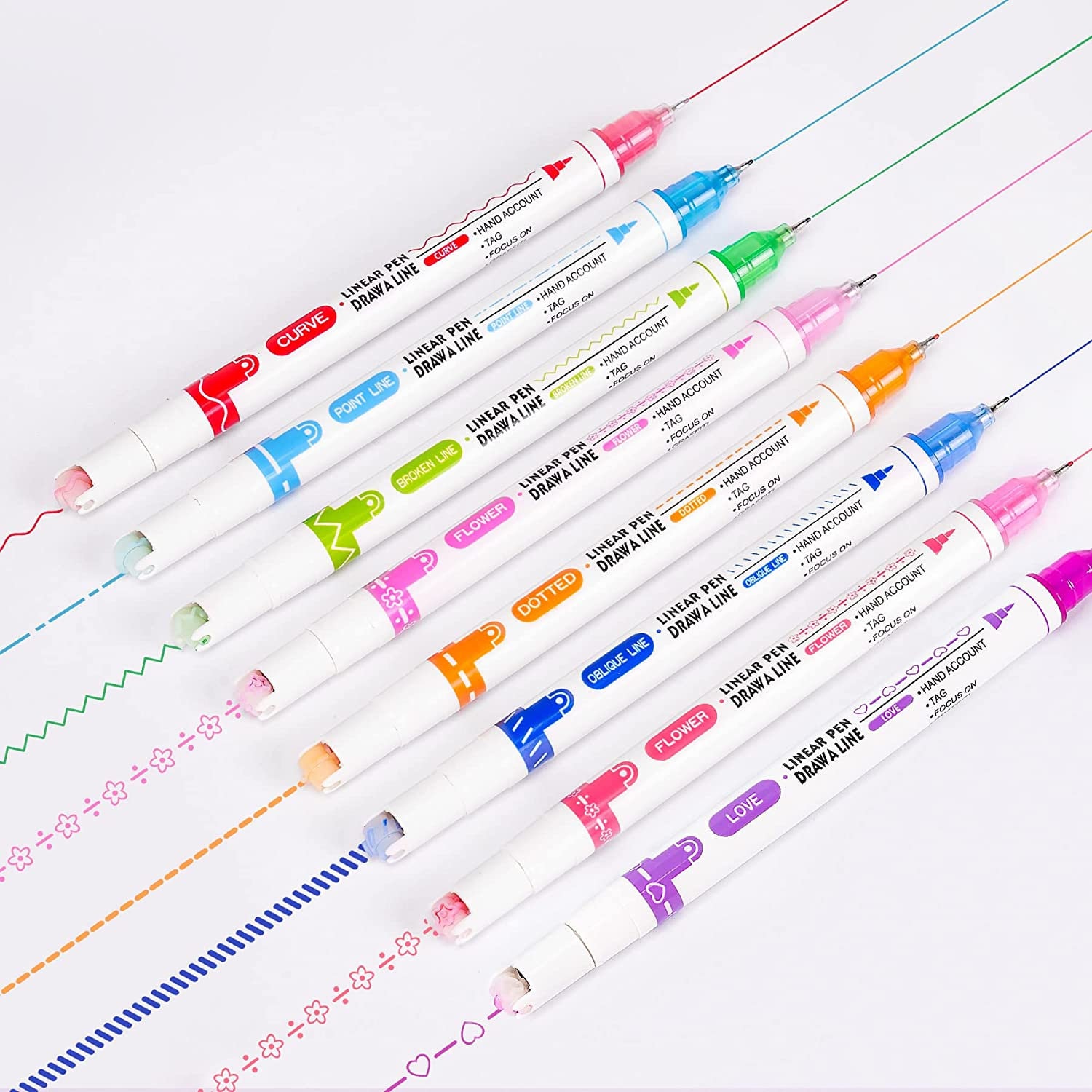 8PCS Dual Tip Linear and Rolling Curve Rainbow Pen Set for Scrapbooking and Journaling
