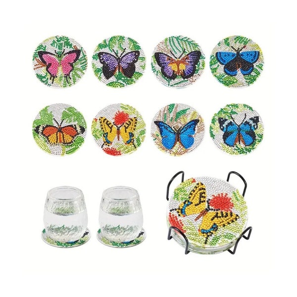 8 Pcs 5D Diamond Painting Butterfly Series DIY Round Coaster with Bracket