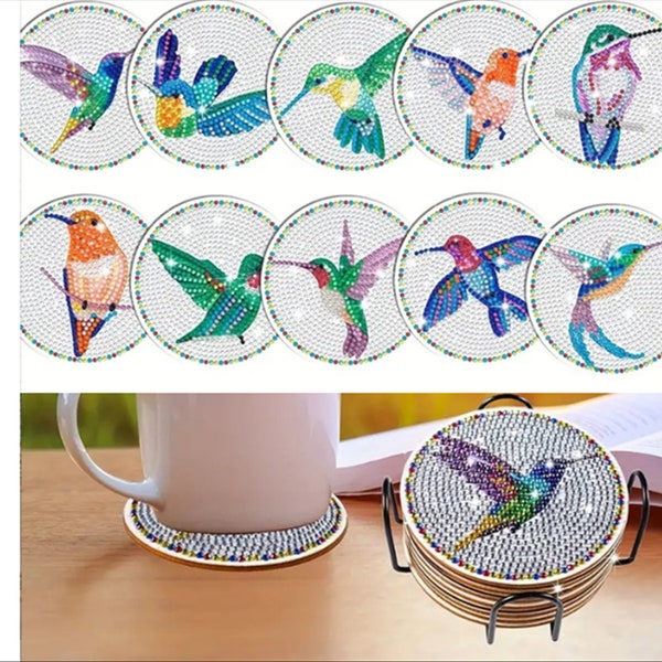 10Pcs Beautiful Humming bird Diamond Painting Coasters Kit/ DIY 5D Gem Drilling Teacup Mat for Adults Kids/Handwork Gift Home Decor