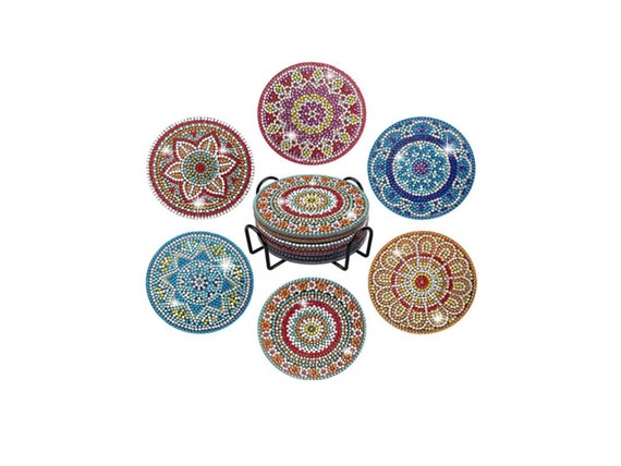 6 Pcs Diamond Painting Coasters DIY Mandala Coasters with Holder Mandala Paintin