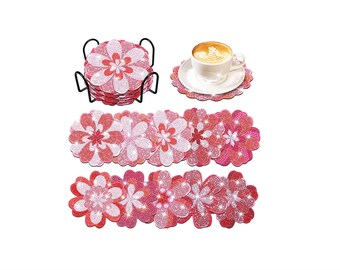 10 Pcs Pink Sakura Flower 5D Gem Diamond Painting DIY Coasters Teacup Mat Art Craft Kit with Tools and Iron Holder