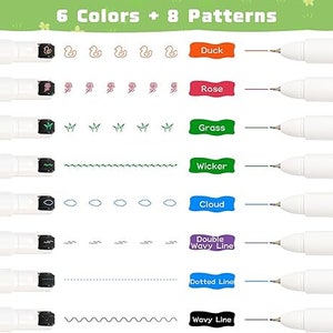 May include: A set of 8 white markers with different colored caps and black ink. Each marker has a different pattern on the tip, including duck, rose, grass, wicker, cloud, double wavy line, dotted line, and wavy line. The text "6 Colors + 8 Patterns" is at the top of the image.
