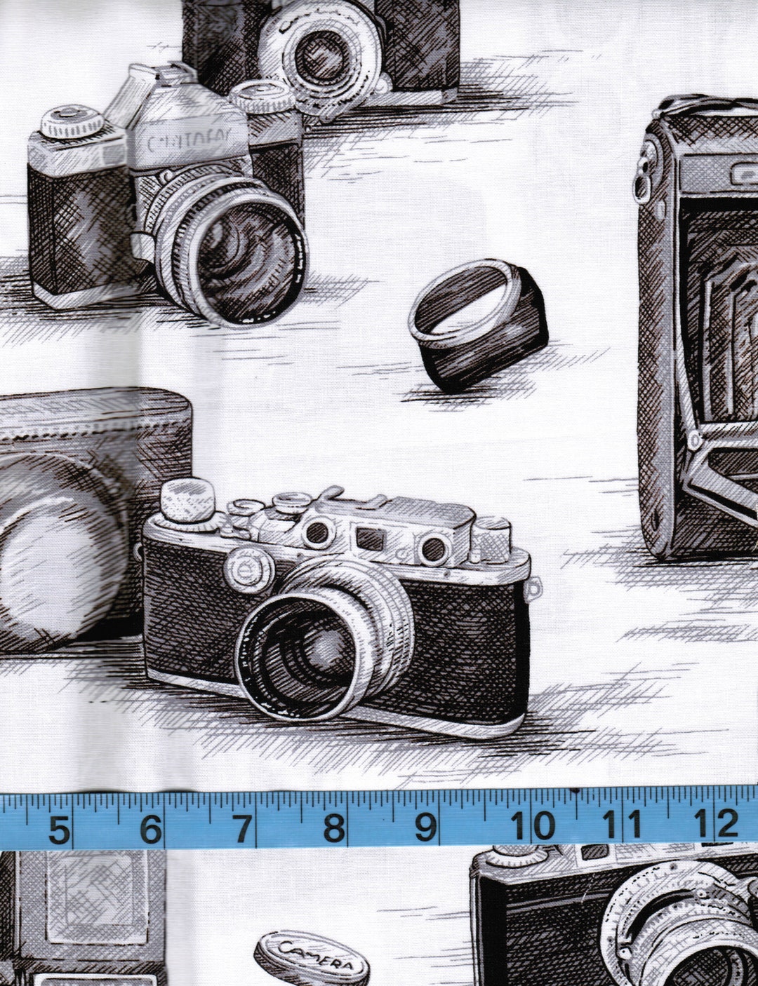 Black & White Antique Cameras, 100 Cotton Fabric by the Yard, Quilting