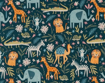 Animal Kingdom, 100% Cotton Fabric by the Yard, Quilting,Apparel, HomeDecor, Crafts, Navy Background, Lions, Elephants, Crocodiles, Giraffes