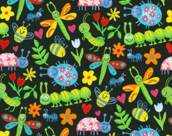 Doodlebugs on Black by Robert Kaufman, 100% Cotton Fabric by the Yard, Quilt Fabric, Apparel Fabric, Home Decor, Crafts, Colorful Bugs