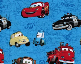 Disney Cars on Blue Map, Lightning McQueen, Mater, 100% Cotton Fabric by the Yard,Quilt Fabric,Apparel Fabric,Home Decor Fabric, Crafts,Boys