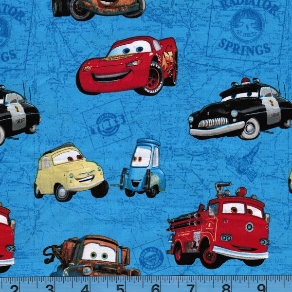 Disney Cars on Blue Map, Lightning McQueen, Mater, 100% Cotton Fabric by the Yard,Quilt Fabric,Apparel Fabric,Home Decor Fabric, Crafts,Boys