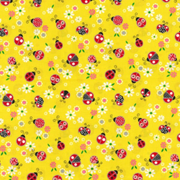 33" End of Bolt Ladybug On Yellow, 100% Cotton Fabric,Quilting, Apparel Fabric,Home Decor, Crafts, Red Ladybugs,Silver Glitter, Flowers, Fun