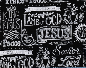 King of Kings Chalkboard Print on Black, 100% Cotton Fabric by the Yard, Quilt Fabric, Apparel Fabric, Home Decor Fabric, Crafts, Religious