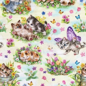 Kittens and Butterflies, 100% Cotton Fabric by the Yard, Quilting, Apparel, Home Decor, Crafts, Cute Cats, Flowers, Pale Yellow Background