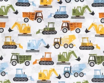 Construction Heavy Machinery, 100% Cotton Fabric, Quilting, Apparel, Home Decor, Crafts, White Background, Tossed Trucks, Fat Quarter