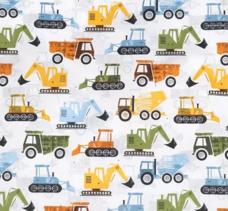 May include: A white background with a repeating pattern of various construction vehicles. The vehicles are yellow, blue, green, orange, and brown. The vehicles include dump trucks, excavators, bulldozers, and cement mixers.
