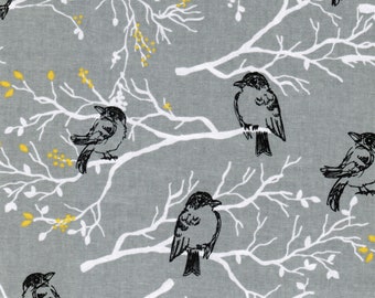Black Birds on Branches, 100% Cotton Fabric by the Yard, Quilting, Apparel, Home Decor, Craft Projects, Gray Background,White, Yellow, Birds