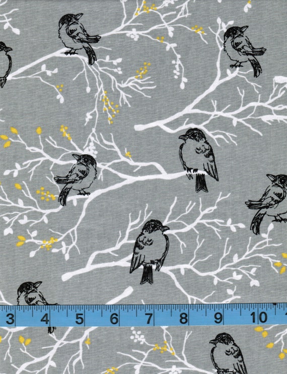 Black Birds on Branches, 100% Cotton Fabric by the Yard, Quilting, Apparel, Home Decor, Craft Projects, Gray Background,White, Yellow, Birds